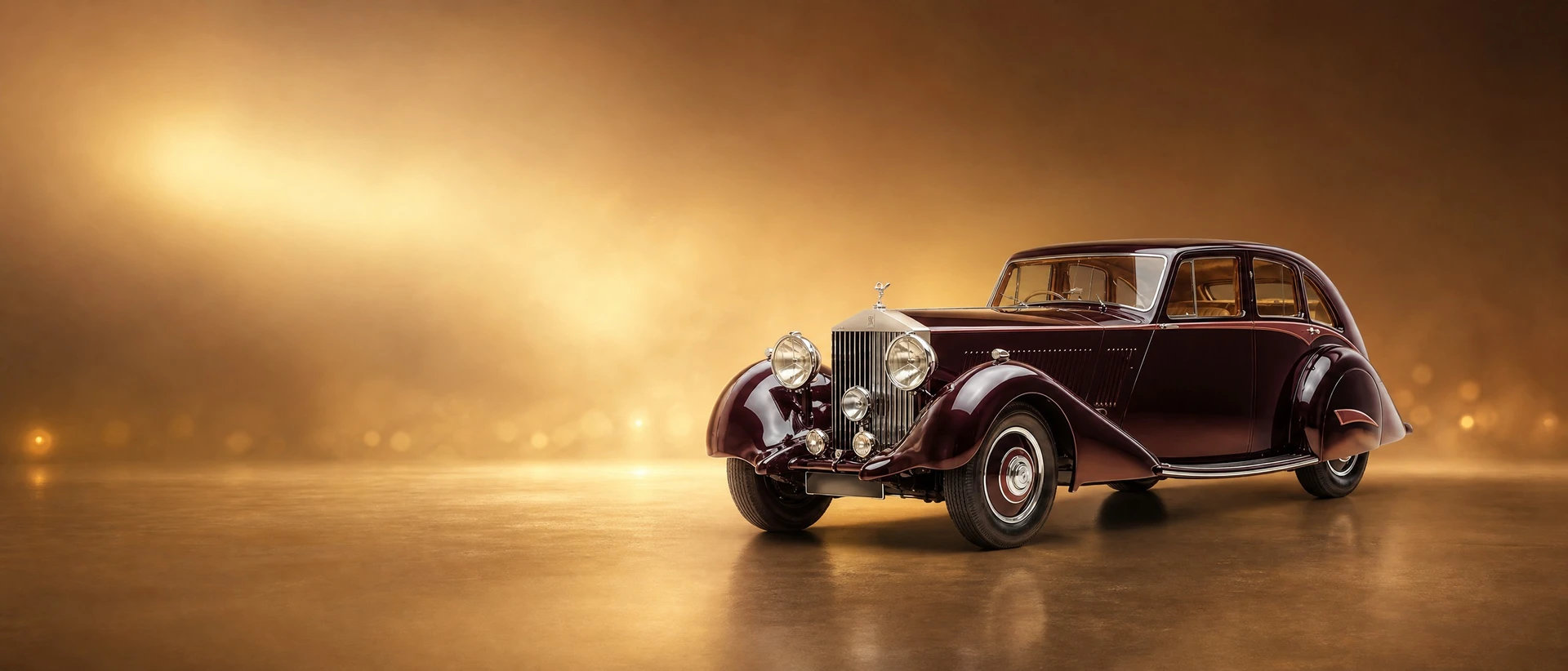 A burgundy Rolls-Royce Phantom II, front three-quarter view on a gold field with soft lantern glows