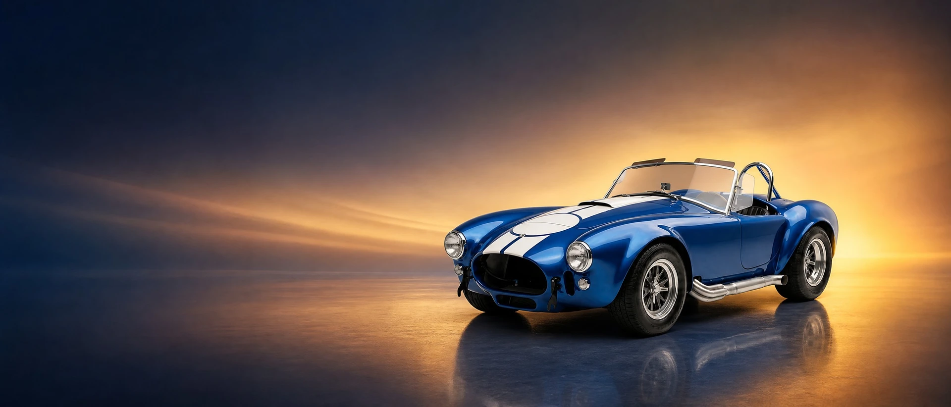 A blue Shelby Cobra 427 with white stripes, front three-quarter view on a thunder-amber field