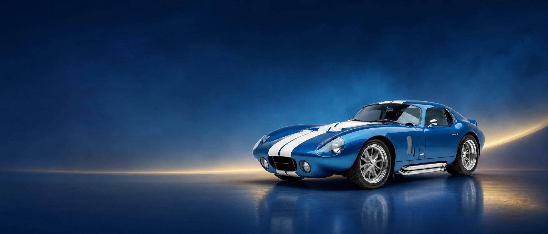 A Guardsman Blue Shelby Daytona Coupe, front three-quarter view on a blue field with a tilted gold sweep
