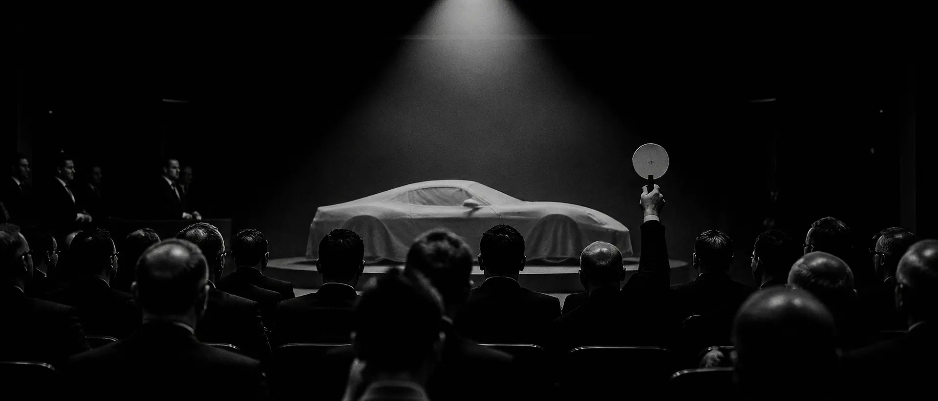 A covered car on the block at an evening auction