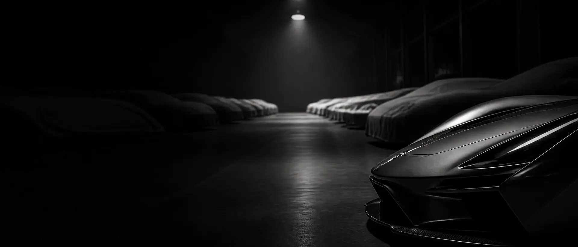 Rows of car silhouettes receding into a dark archive, one nose cropped hard at the frame edge