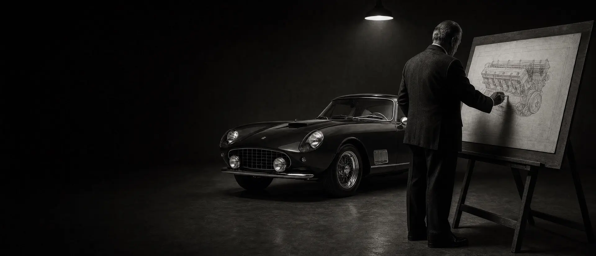 Gioacchino Colombo at a drafting board with a V12 elevation drawing, a Ferrari 250 GT berlinetta behind him under a single spotlight