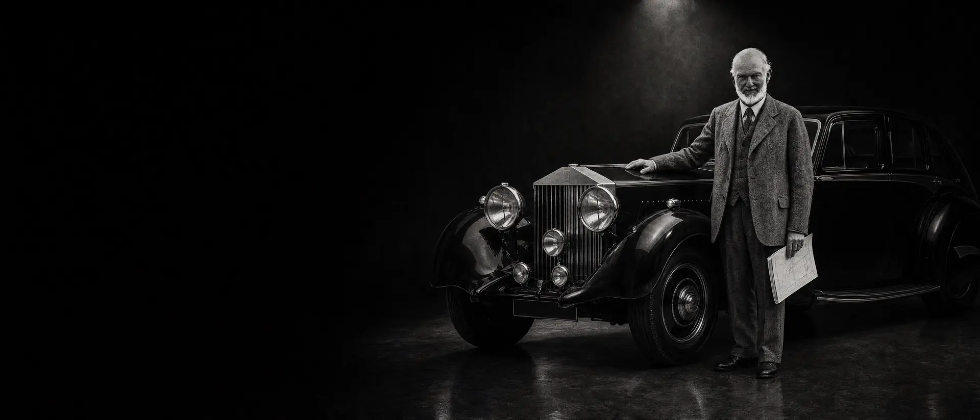 Sir Henry Royce in a tweed three-piece suit beside a Rolls-Royce Phantom II, one hand on the bonnet, a folded drawing in the other, under a single spotlight