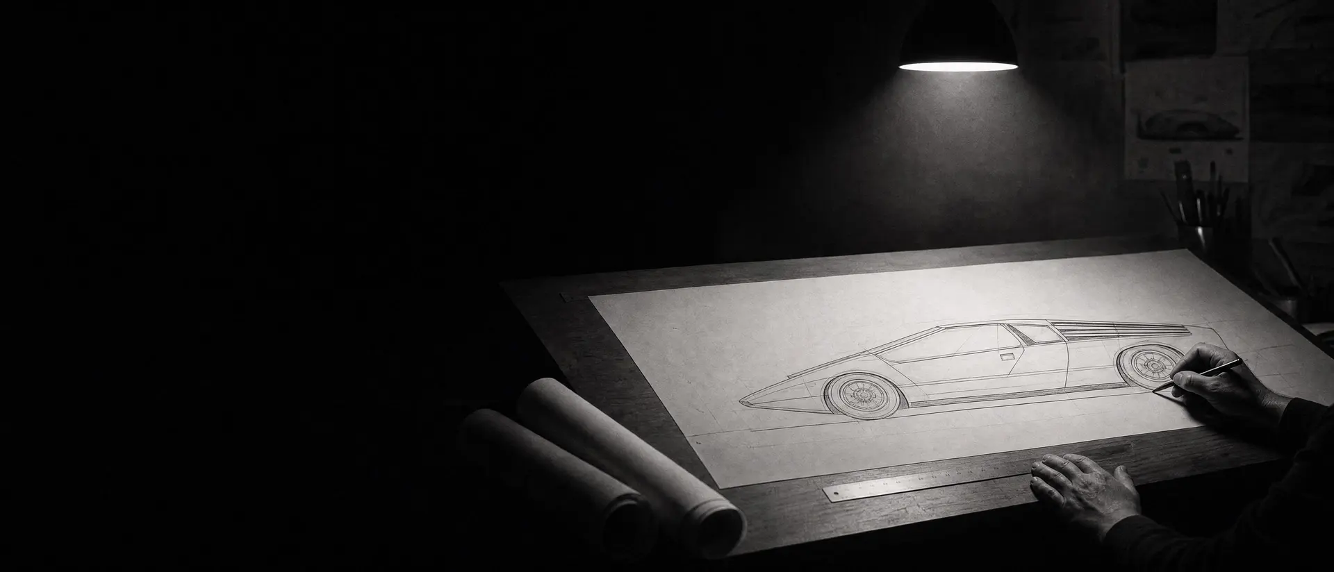 A draughtsman’s hands at a spotlit drafting table, a full-scale car elevation on the paper