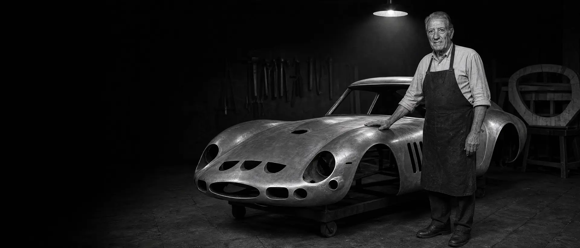 Sergio Scaglietti in a workshop apron, one hand on the bare aluminium body of a Ferrari under a single spotlight
