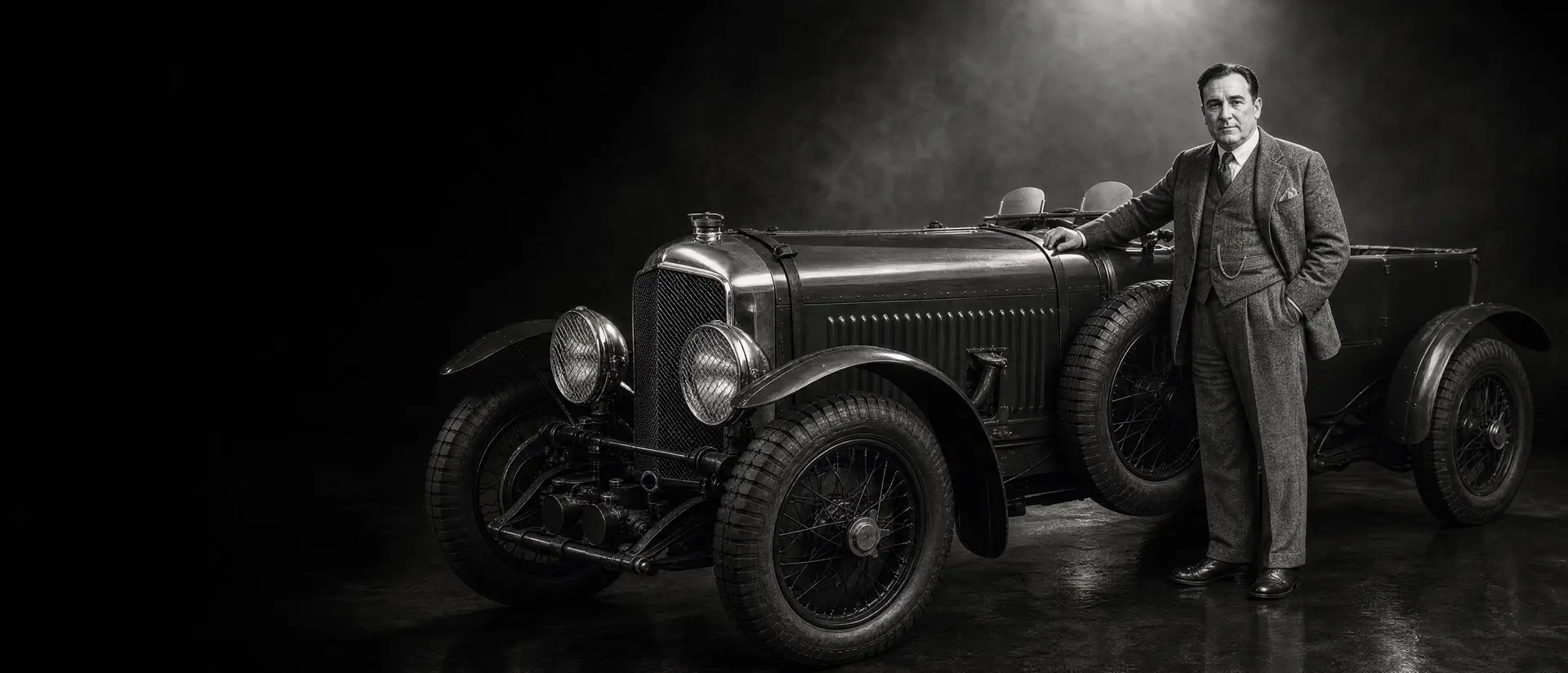 W.O. Bentley in a tweed three-piece suit standing beside a Bentley Speed Six under a single spotlight